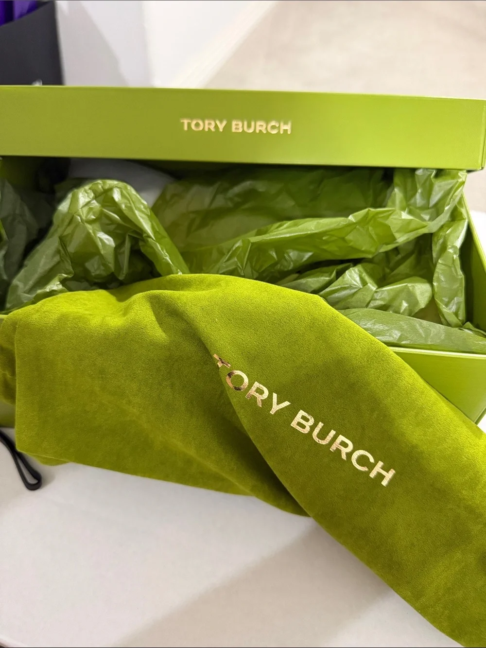 Tory Burch Bright Lime Green Box with Gold Logo and Matching Dust Bag